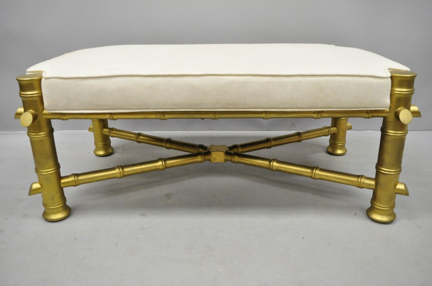 Vintage Hollywood Regency Gold Faux Bamboo Upholstered X-Frame Carved Wood Bench