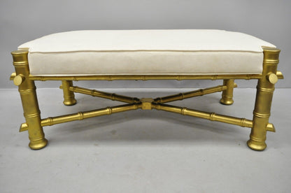 Vintage Hollywood Regency Gold Faux Bamboo Upholstered X-Frame Carved Wood Bench