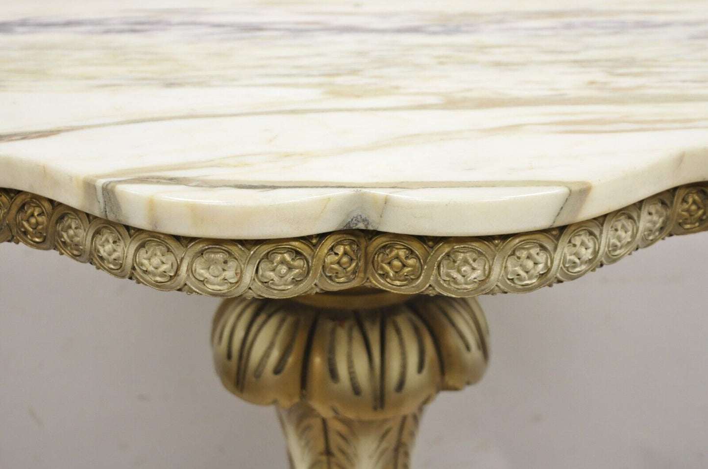 Vintage Hollywood Regency White Gold Plume Carved Pedestal Marble Top Side Table