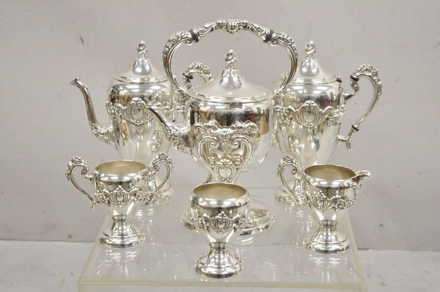 Vintage English Victorian Silver Plated Tea Set w/ Tilting Kettle - 6 Pc Set