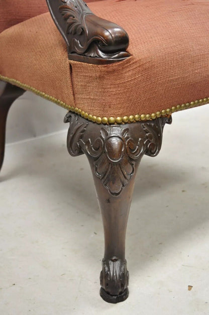 Antique Georgian Figural Dolphin Carved Mahogany Upholstered Library Arm Chair