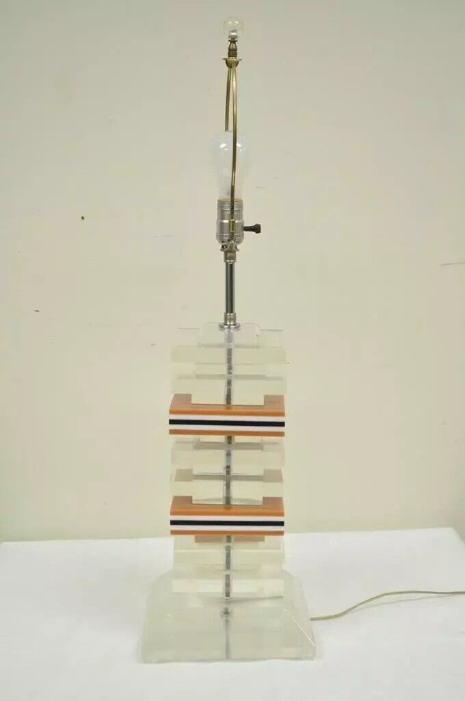 Vintage Mid Century Modern Stacked Lucite Acrylic Skyscraper Table Lamp