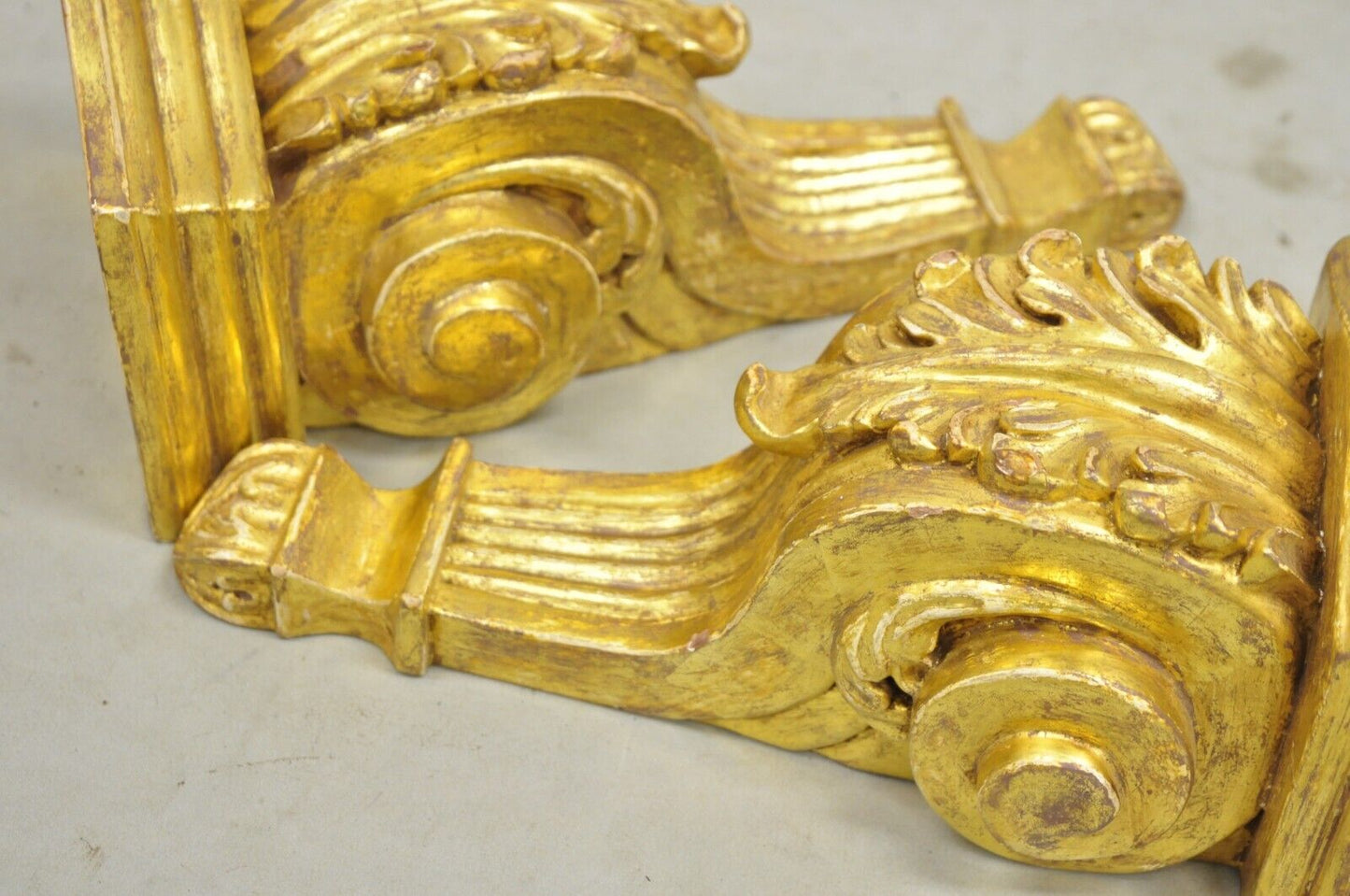 Gold Giltwood French Louis XV Style Wood Acanthus Corbel Small Wall Shelf - Pair