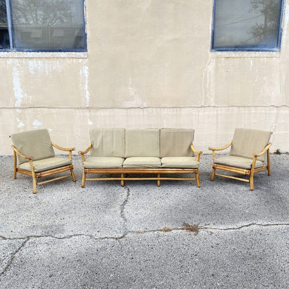 Vintage Ficks Reed Bamboo Rattan Tiki Sofa Set with Lounge Chairs - 3 Pc Set