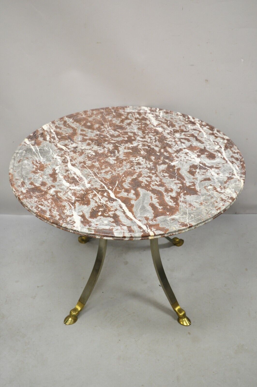 Italian Neoclassical Brass Hoof Foot 32" Round Rouge Marble Top Center Table