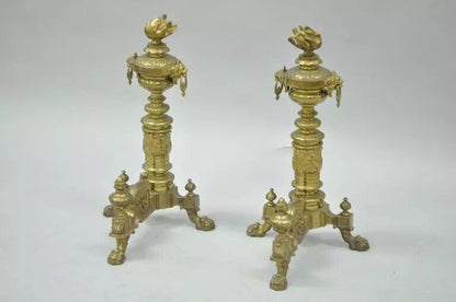 19th C. French Empire Neoclassical Flame & Lion Brass Paw Andirons & Bar - Pair