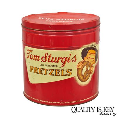 Vintage Tom Sturgis Pretzels Large Tin Metal Red Advertising Can