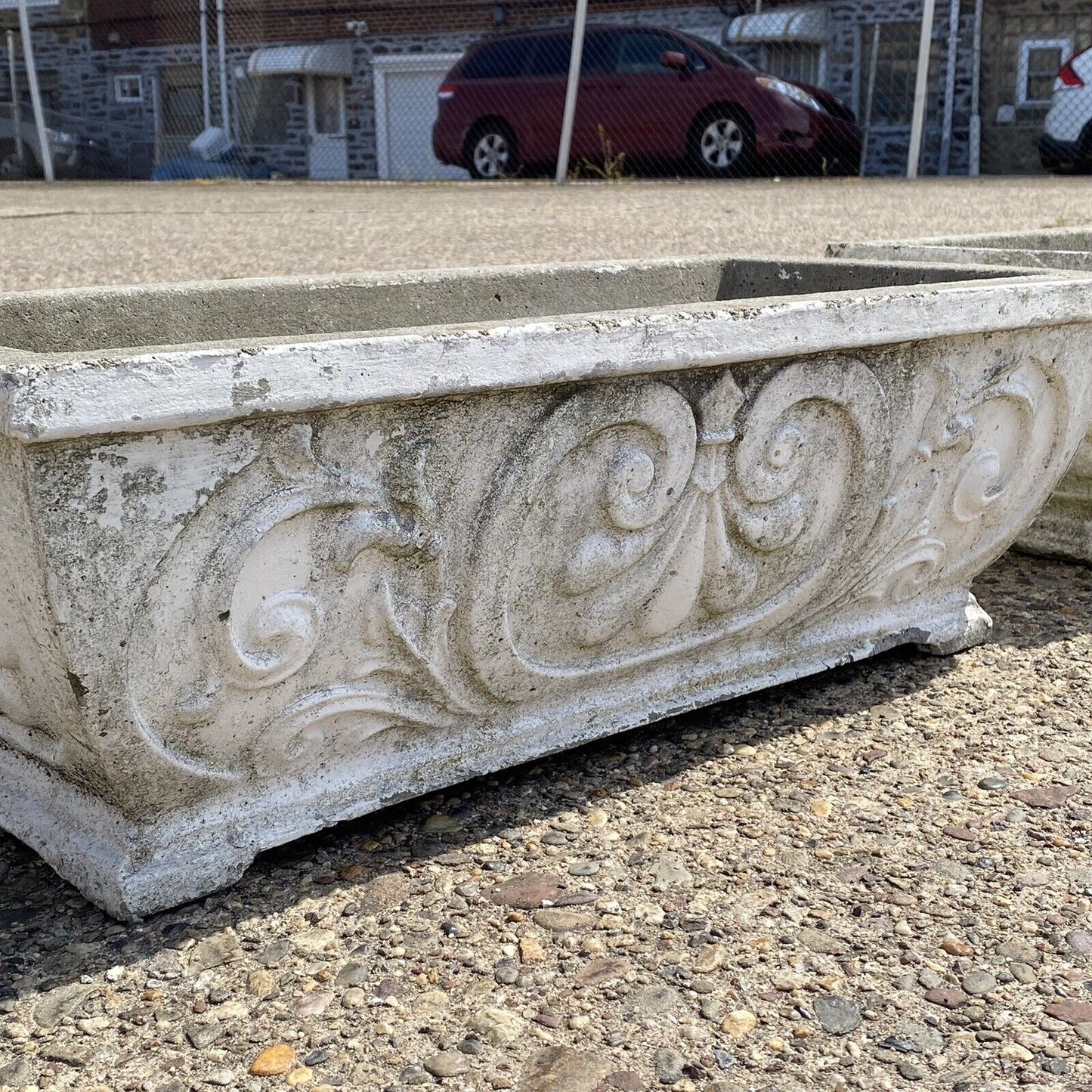 Vintage French Fleur De Lis Rectangular Cement Outdoor Garden Planter - a Pair