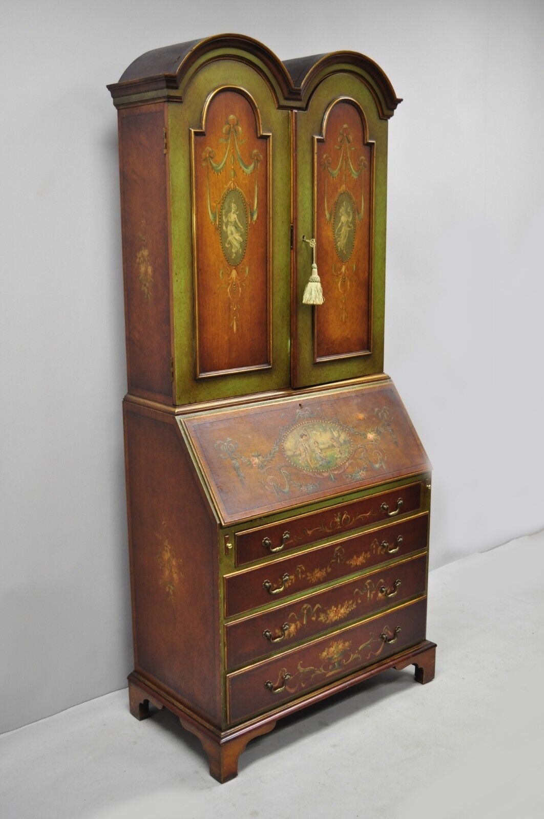 Early 20th C. English Adams Style Hand Painted Double Bonnet Top Secretary Desk