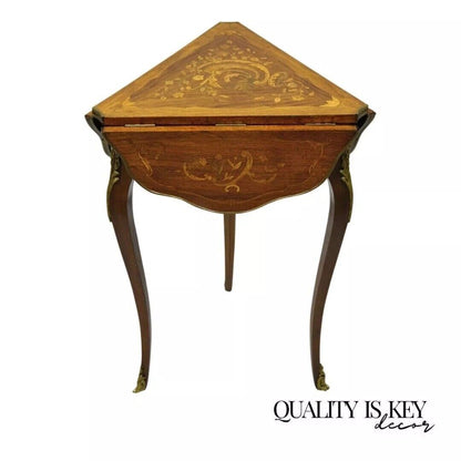 Antique French Louis XV Style Satinwood Inlay Bronze Ormolu Drop Leaf Side Table