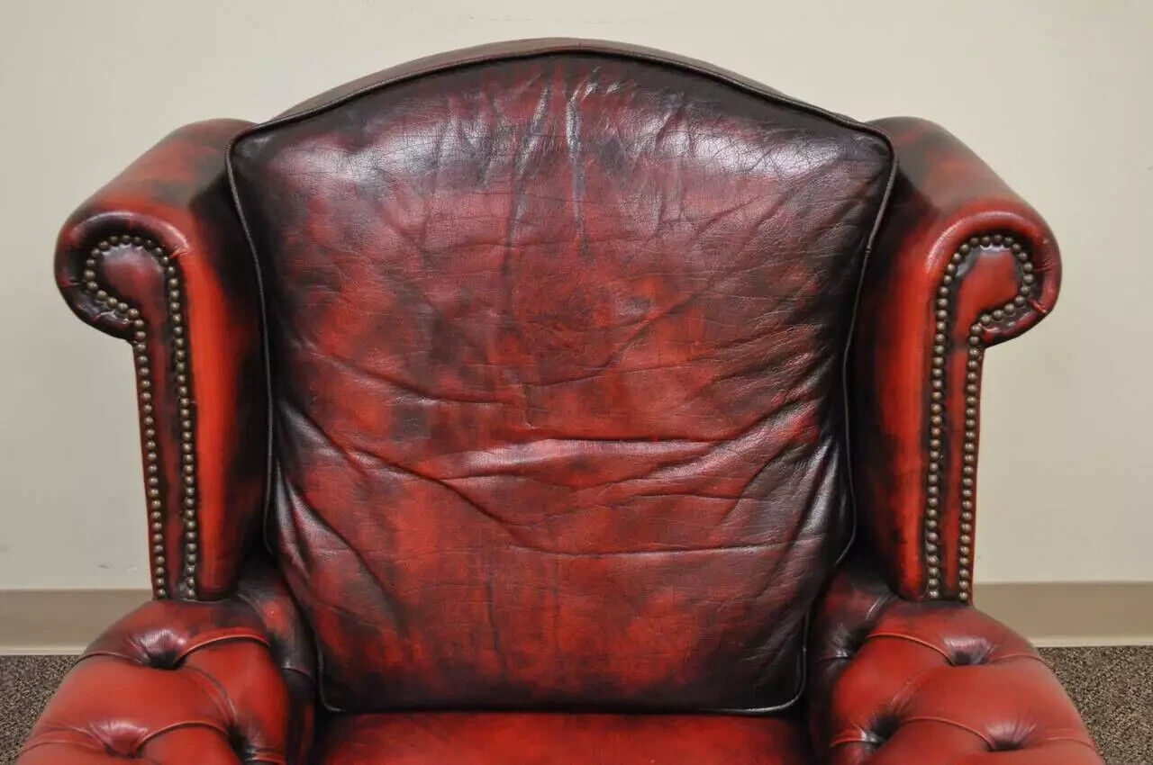 Vintage English Chesterfield Style Rolled Arm Red Leather Club Lounge Chair