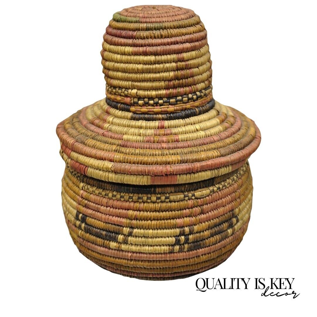 Vintage Nigerian African Tribal Hausa Woven Orange Basket with Dome Lid