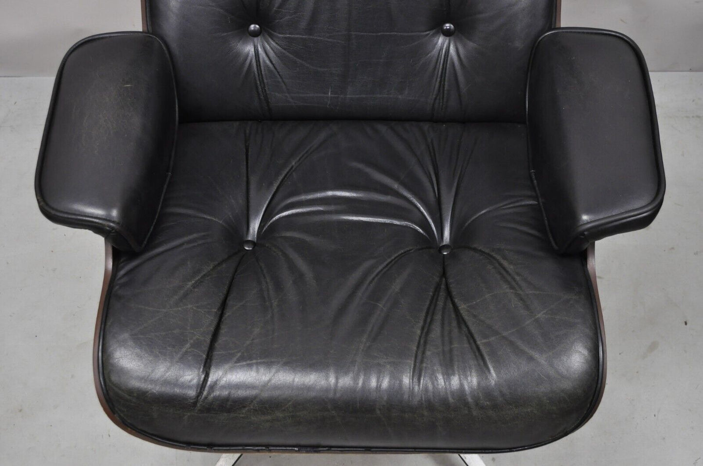 Vintage Selig Plycaft Black Leather Eames Style Walnut Swivel Tilt Lounge Chair