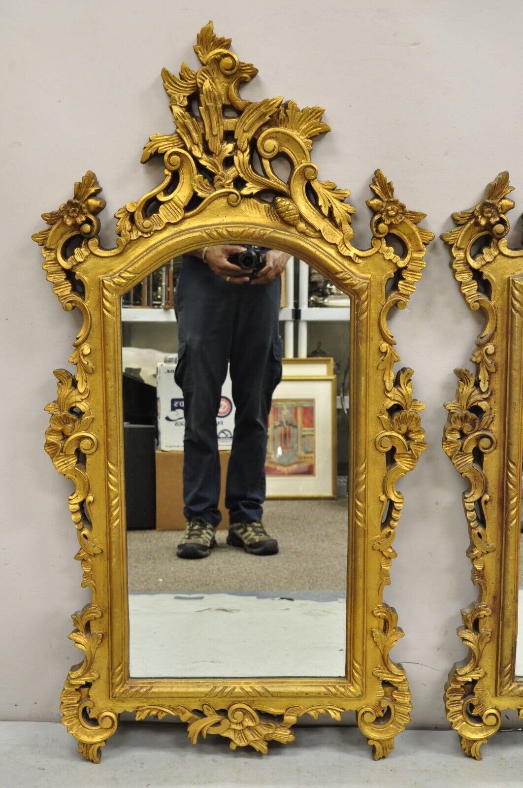 Vintage French Louis XV Rococo Style Ornate Gold Wall Mirrors - a Pair