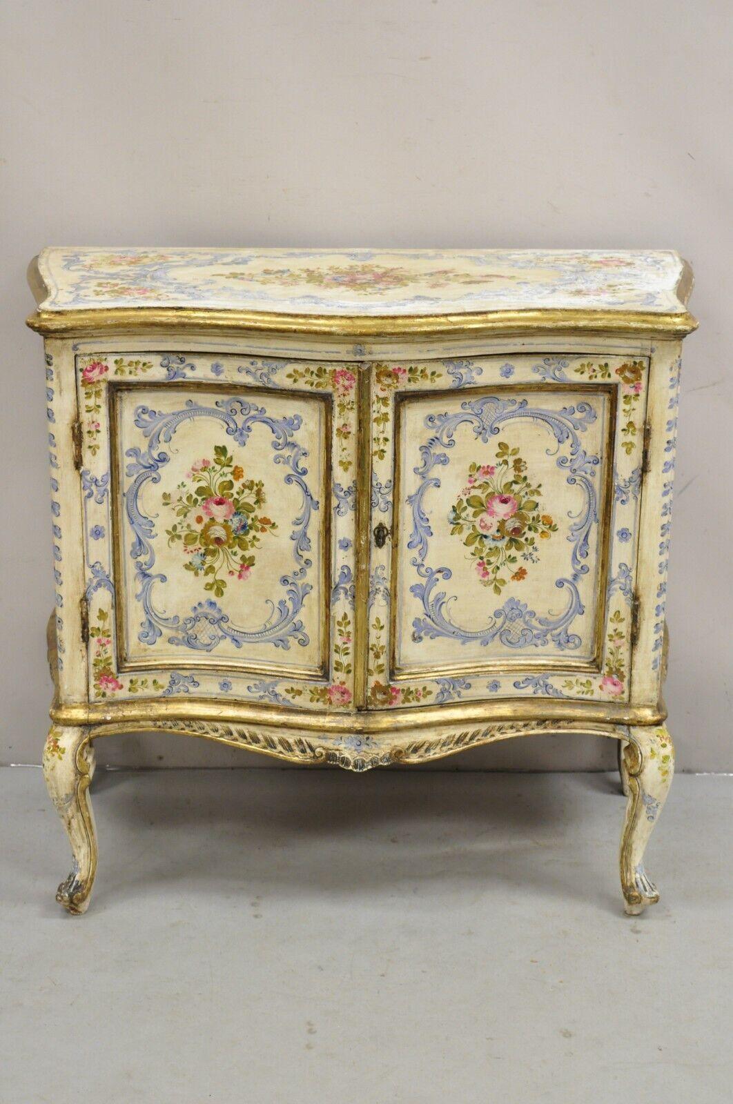 19th C. Italian Venetian Hand Painted Demilune Buffet Cabinet with 3 Drawers