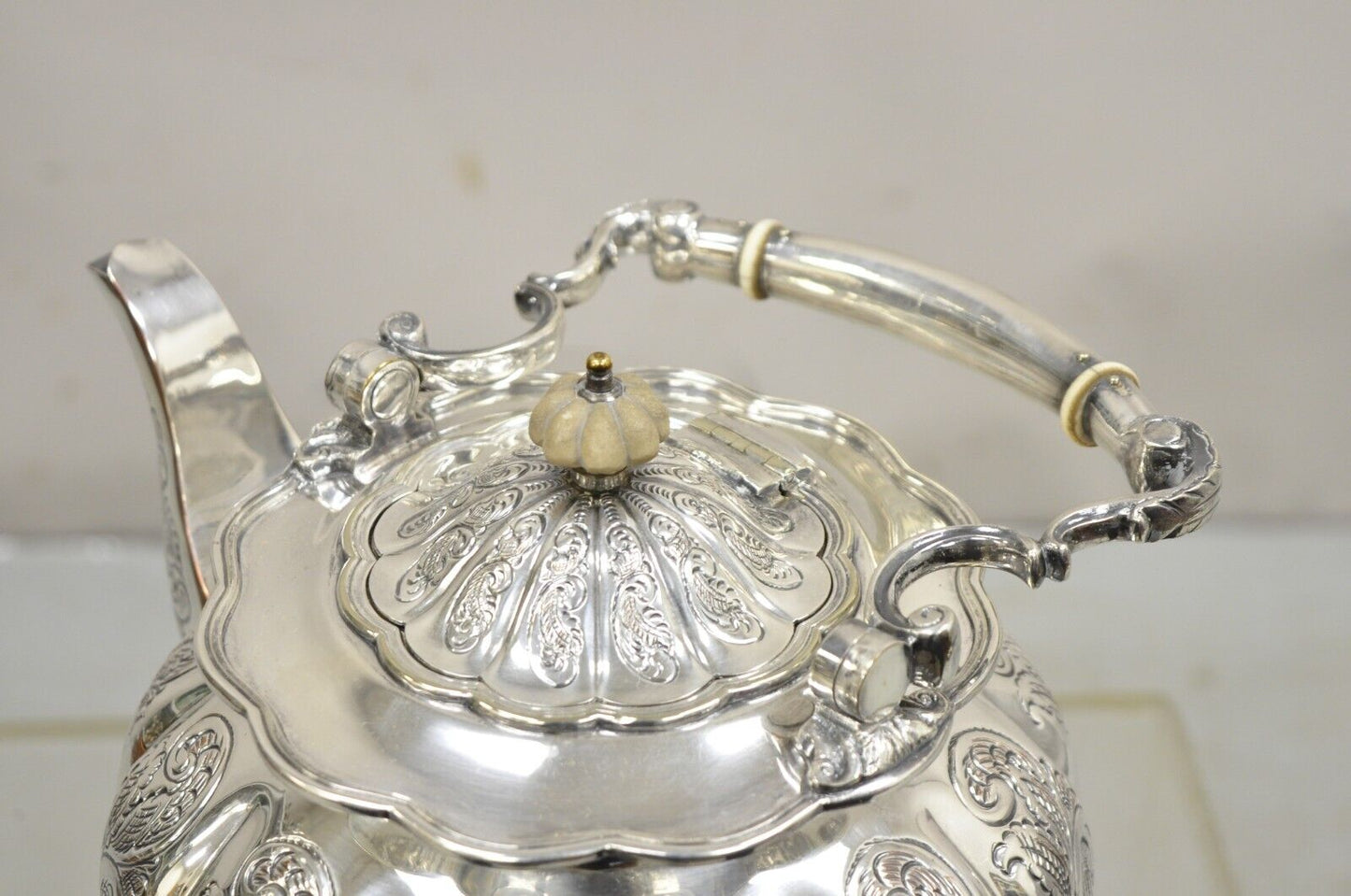 Antique English Victorian PS Co. Silver Plated Tipping Tea Pot on Warming Base