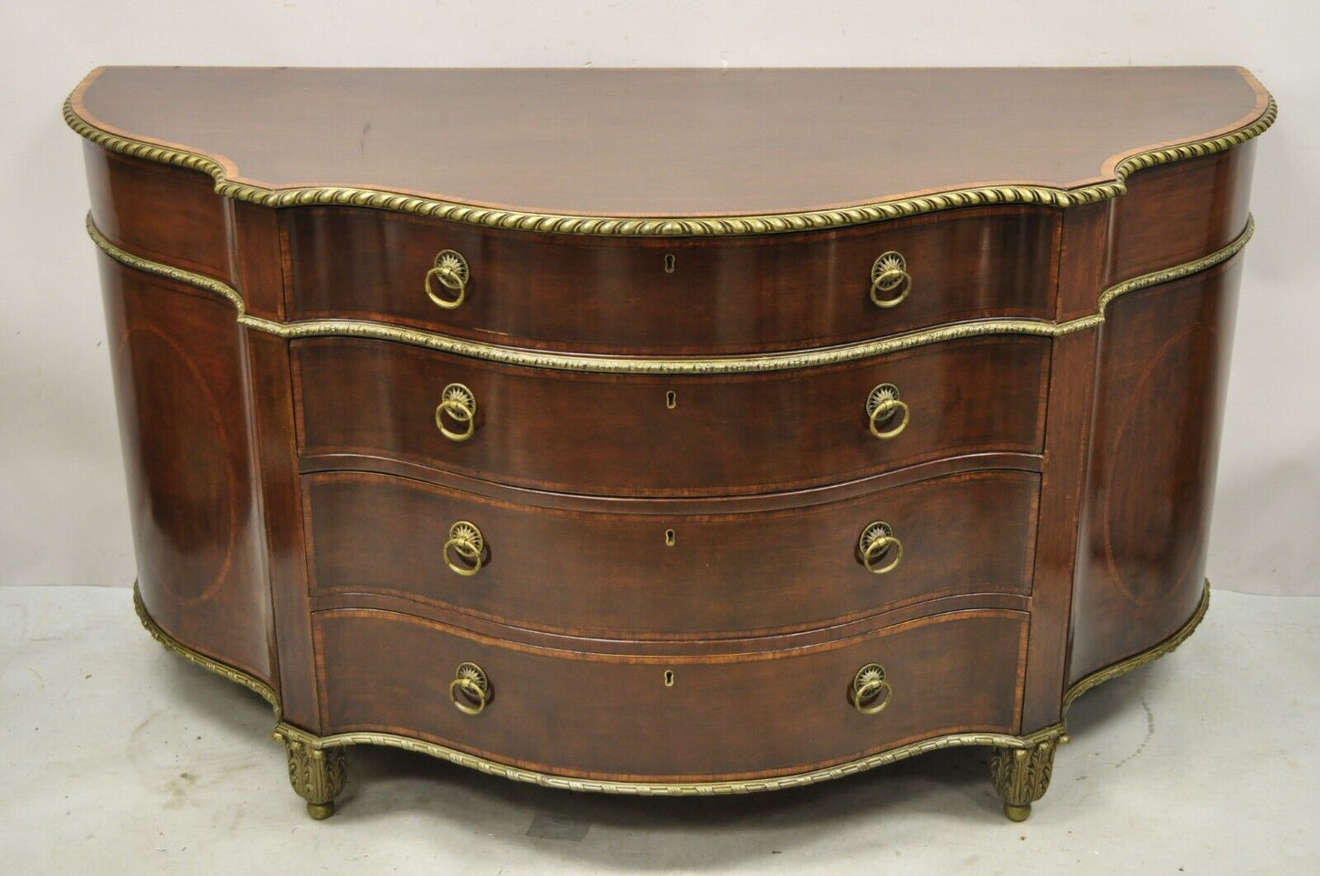 Antique French Louis XVI Style Mahogany Bow Front Bombe Demilune Commode Chest