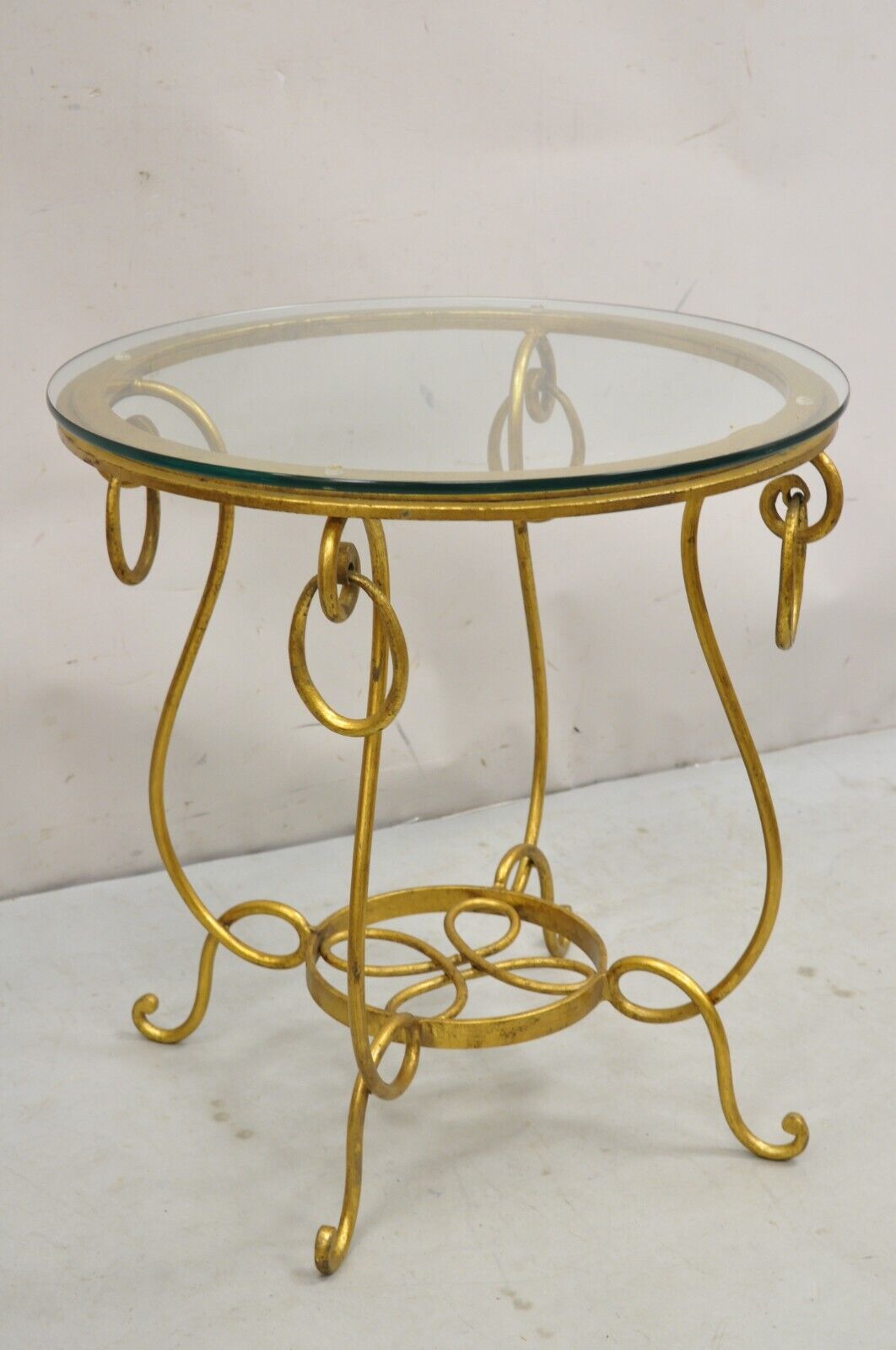 Gold Gilt French René Drouet Style Scrolling Iron Round Glass Accent Side Table