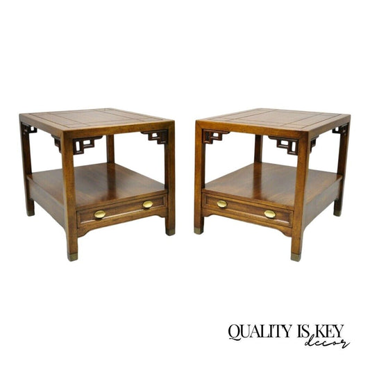 Century Furniture Chinoiserie Fretwork Wooden Side Lamp End Tables - a Pair