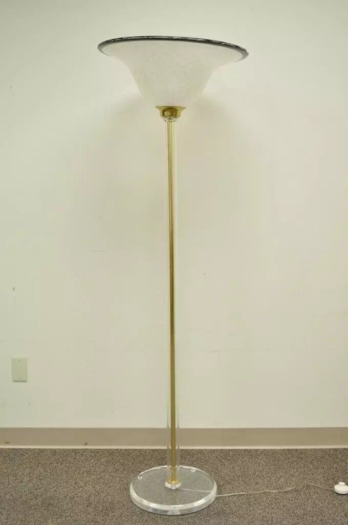 Vintage Mid Century Hollywood Regency Lucite Brass Glass Torchiere Floor Lamp