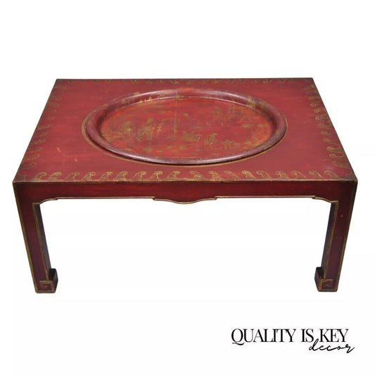 Vintage Chinoiserie Red Oriental Coffee Table with Tole Metal Serving Tray Top