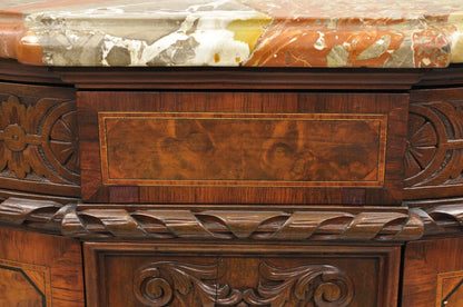 French Louis XV Baroque Style Carved Burl Walnut Rouge Marble Top Commode Server