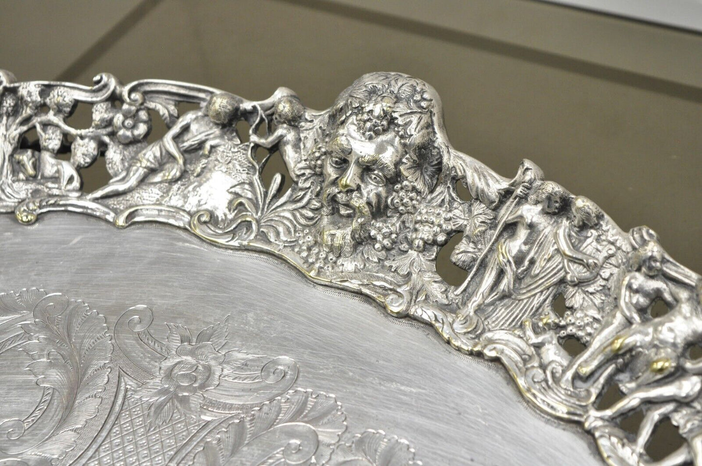 French Renaissance Bacchanal Scene Silver Plated Bacchus Figural Salver Tray