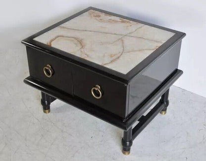 Mid Century Modern Dorothy Draper Style Black Side Table Cabinet with Onyx Top