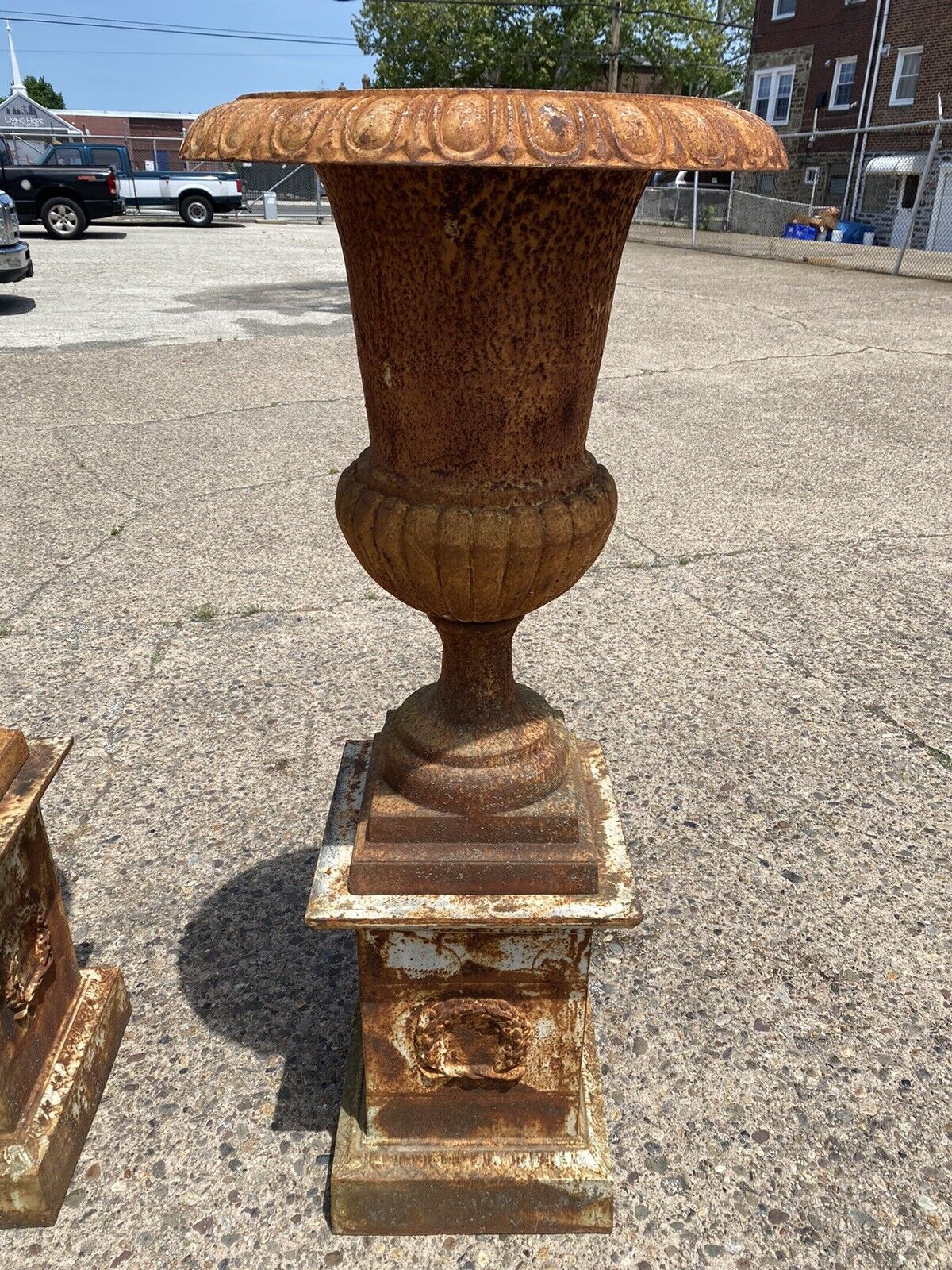 Large 62" Tall Cast Iron Campana Urn Outdoor Garden Planters on Base - a Pair