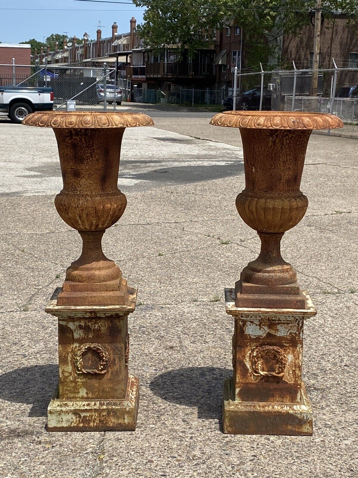 Large 62" Tall Cast Iron Campana Urn Outdoor Garden Planters on Base - a Pair