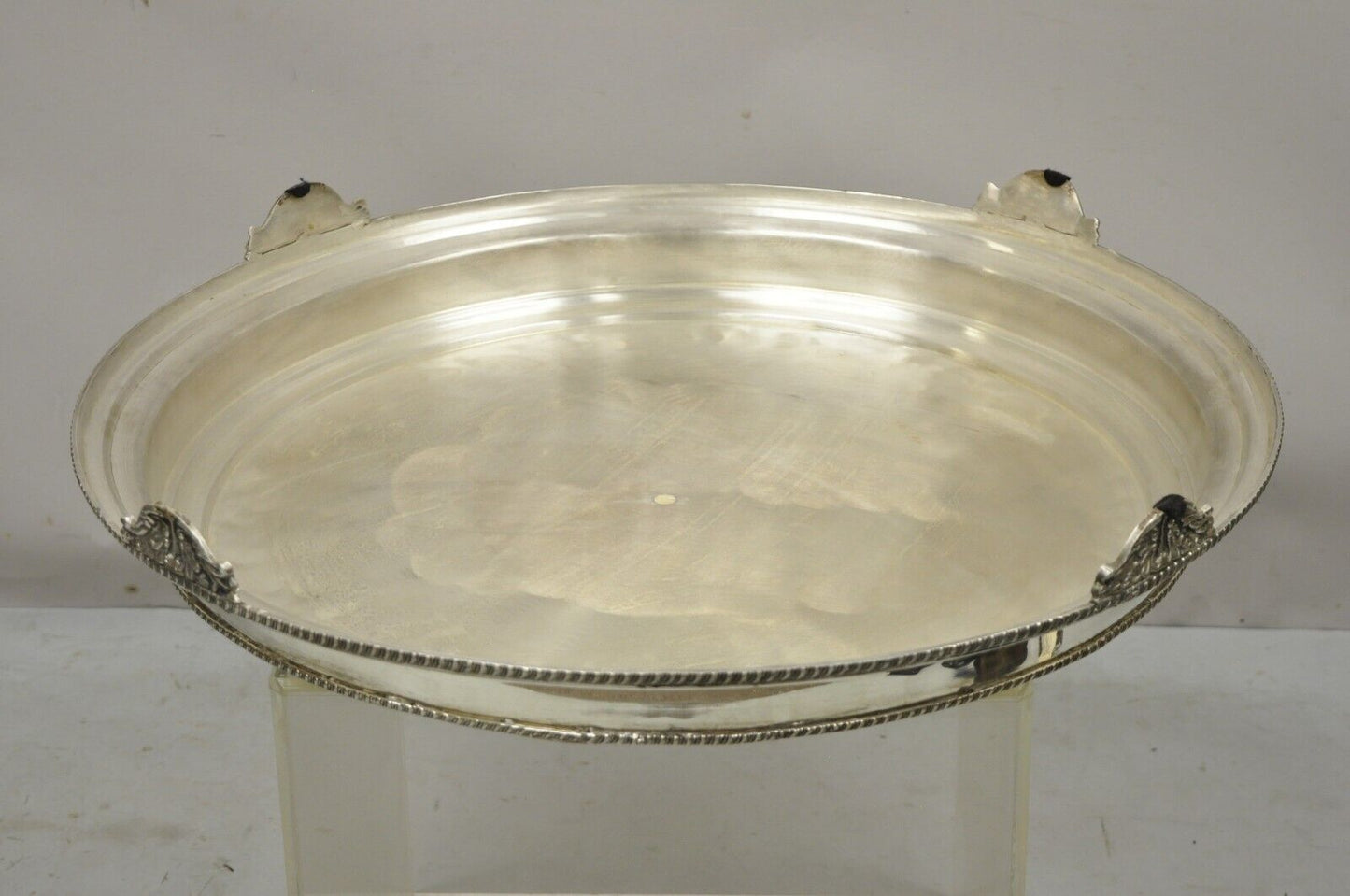 Large Silver Plate Regency Style 28" Round Platform Platter Pedestal Tray