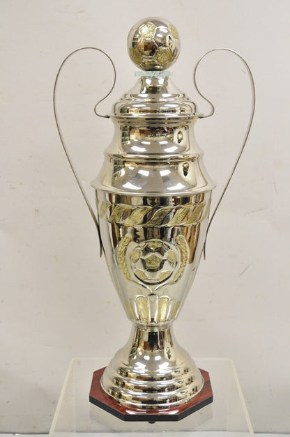 Large Modern Soccer Futbol Twin Handle Silver Metal Trophy Cup Award With Ball