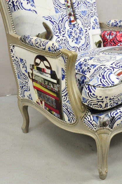 Roche Bobois Mexican Print French Louis XV Style Painted Bergere Arm Chair