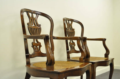 Vintage Italian Venetian Style Cherry Wood Cane Seat Arm Chairs - a Pair