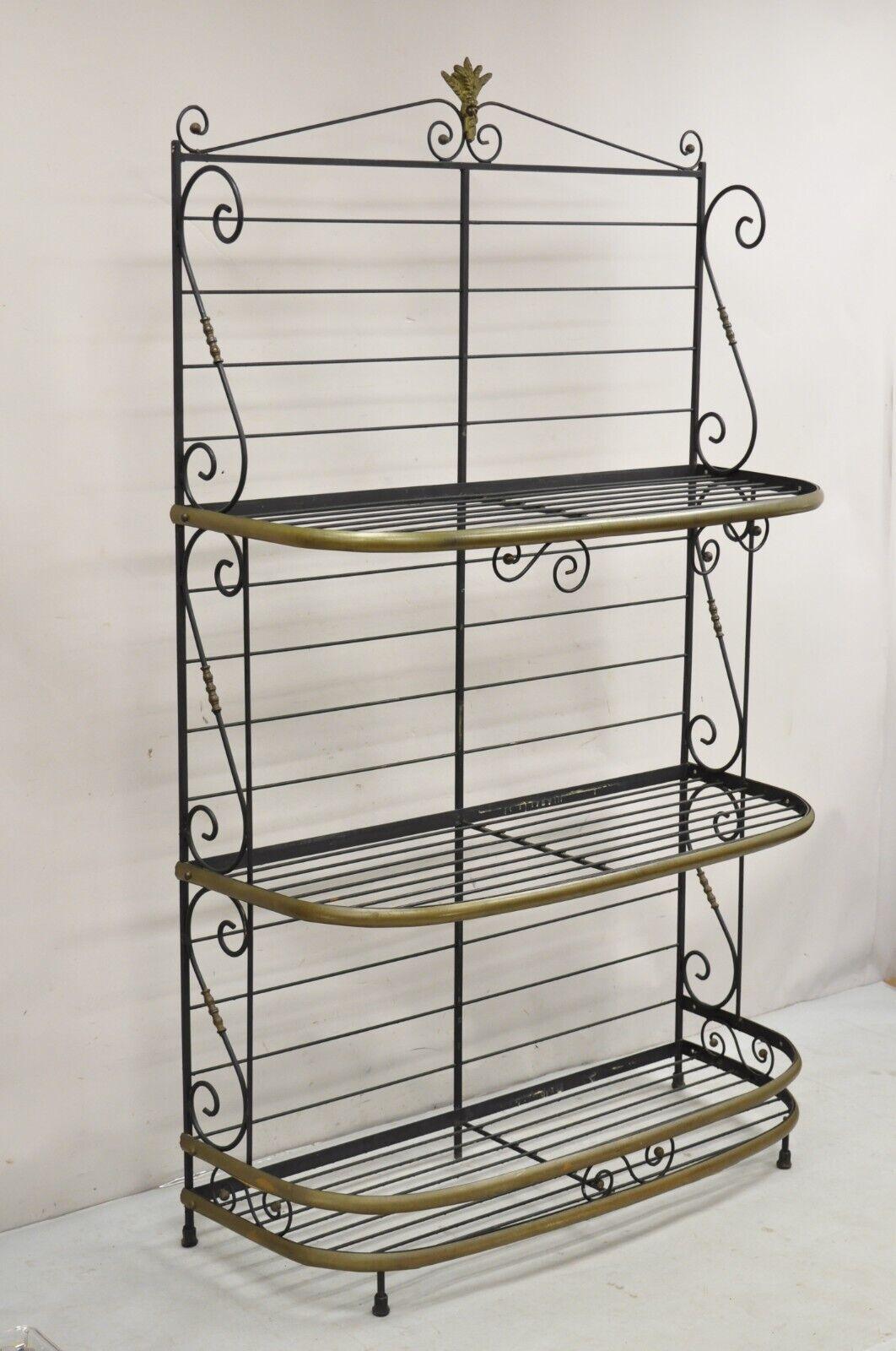 Vintage French Bakers Rack 3 Tier Scrolling Wrought Iron and Brass Etagere