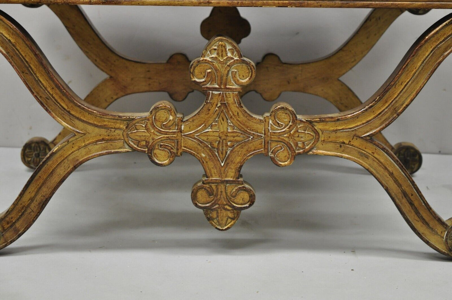 Vintage Spanish Regency Carved Wood X-Frame Gold Upholstered Stool Bench