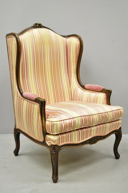 Vintage W & J Sloane French Louis XV Style Wingback Lounge Arm Chairs - a Pair