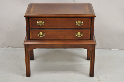 Lane Chippendale Style Banded Mahogany Wood 2 Drawer Small Side Table Chest