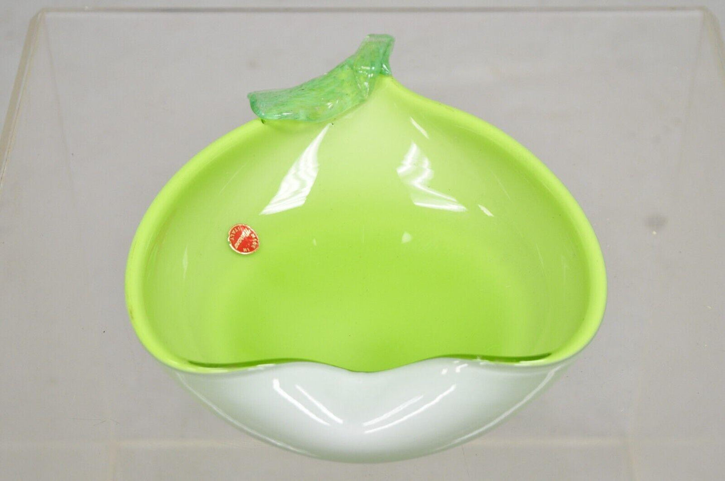 ItalianBarbini Murano Art Glass Pear Shaped Green & White Bowl Trinket Dish