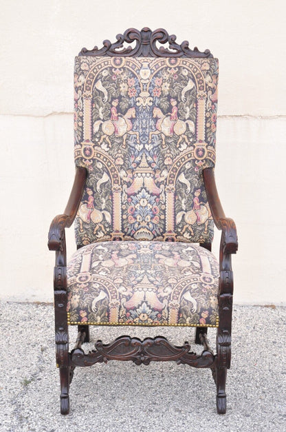 Antique Italian Renaissance Baroque Tapestry Throne Lounge Arm Chair