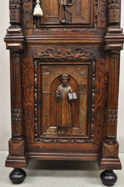 Antique Spanish Renaissance Figural Carved Oak Wood Religious Cupboard Cabinet