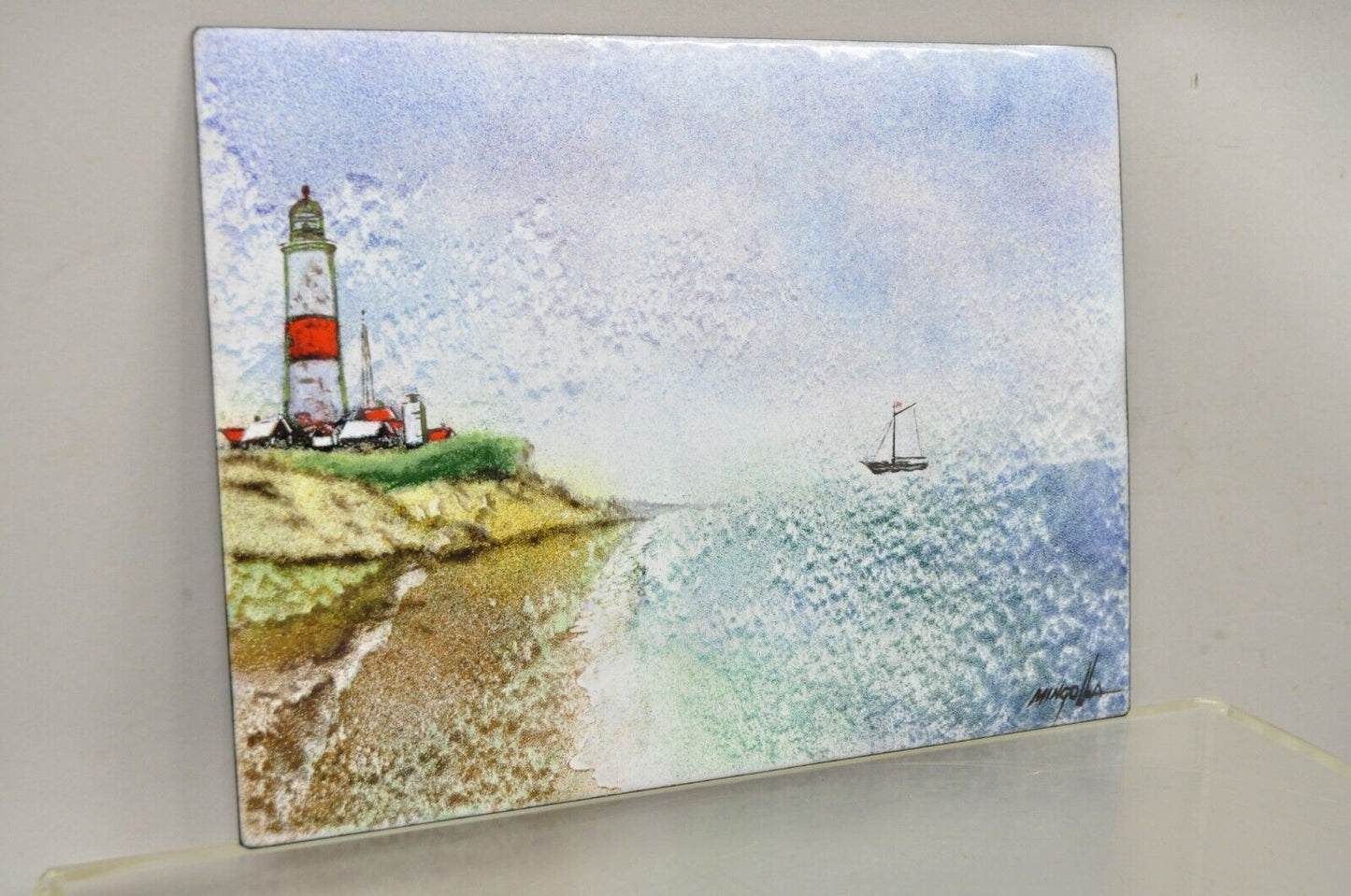 Dom Dominic Mingolla Enamel on Copper Painting Red Lighthouse Shoreline 9 x 12