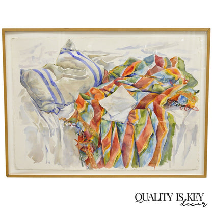 1980s Polly Kraft "Quilt and Pillow" Still Life Watercolor on Paper, Framed