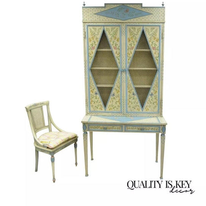 Vintage Chinoiserie Butterfly & Bird Custom Painted Tall Secretary Desk & Chair