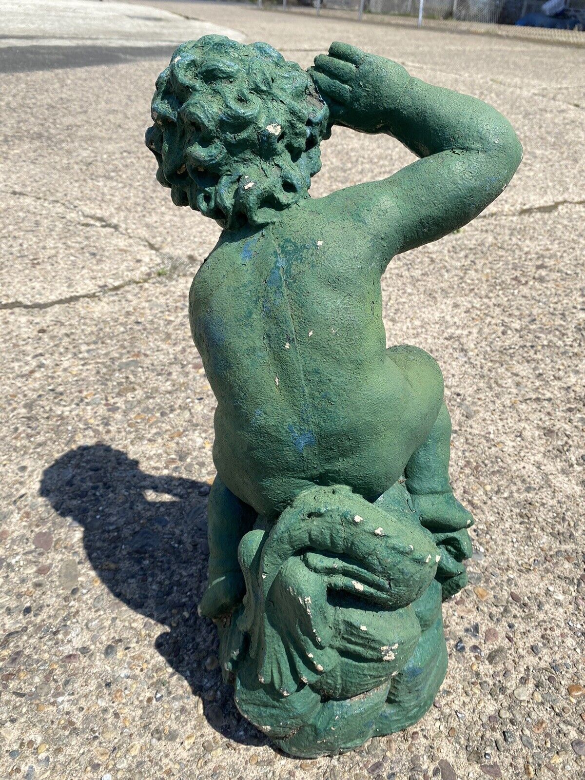 Vintage Italian Neoclassical Cement Cherub and Dolphin Garden Water Fountain