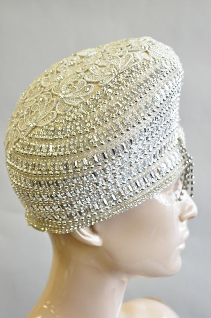 Shellie McDowell Silver Lace Pearl Rhinestones Church Derby Ladies Crown Hat