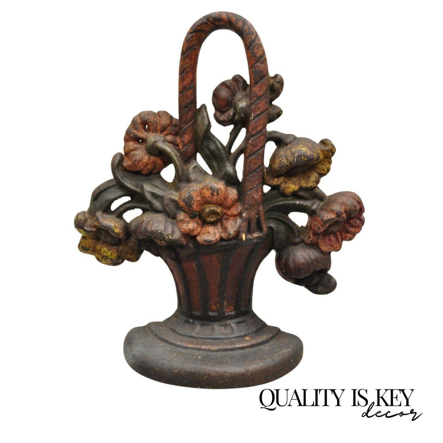 Antique Victorian Red Cast Iron Figural Painted Floral Bouquet Basket Door Stop