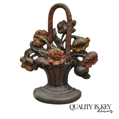 Antique Victorian Red Cast Iron Figural Painted Floral Bouquet Basket Door Stop