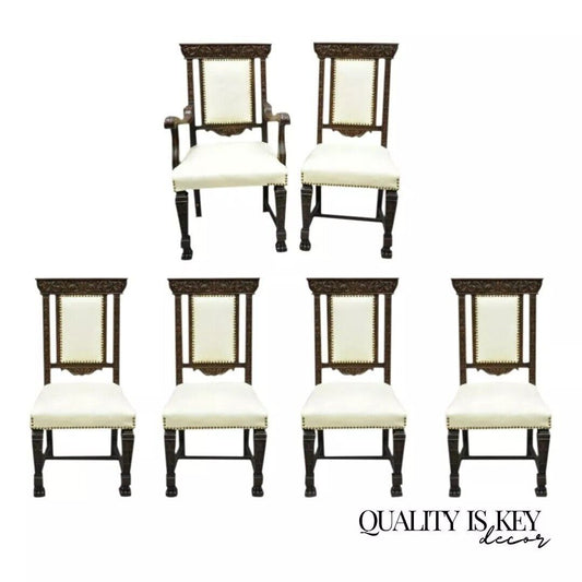 Antique Italian Renaissance Carved Oak Wood Upholstered Dining Chairs - Set of 6