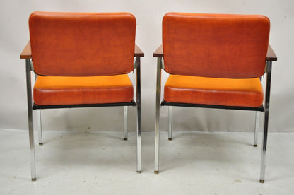 Mid Century Modern Orange Naugahyde Chrome Frame Lounge Arm Chairs by Malibu Ind